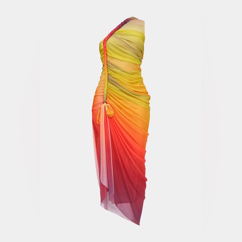 One-Shoulder Ombre Ruched Dress in Yellow to Pink